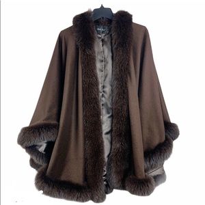 BELLE FARE Fox Fur-Trim 100% Cashmere Poncho/ Cape
